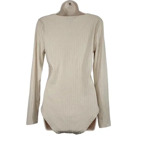 Forever 21 Tan Ribbed Knit Bodysuit Women Size XL Snap Crotch Long Sleeve NEW - Picture 5 of 7